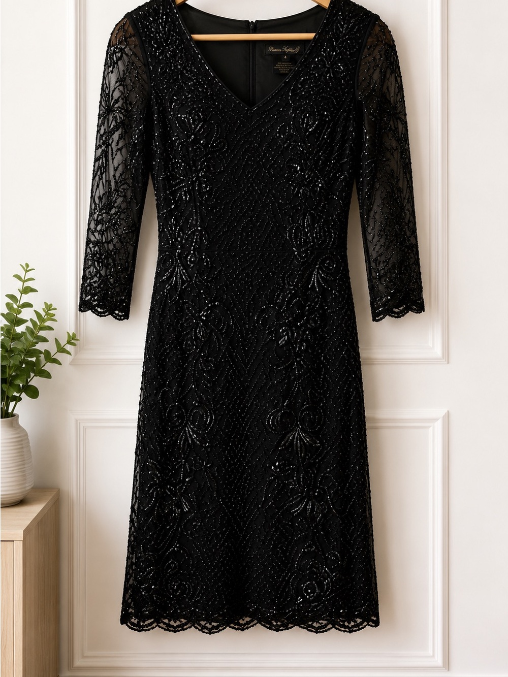 Pisarro Nights Black Beaded V-Neck Cocktail Dress